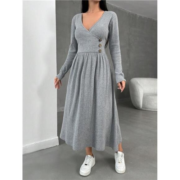 1pc Women's V-Neck Long Sleeve Button Casual Dress, Grey, Autumn